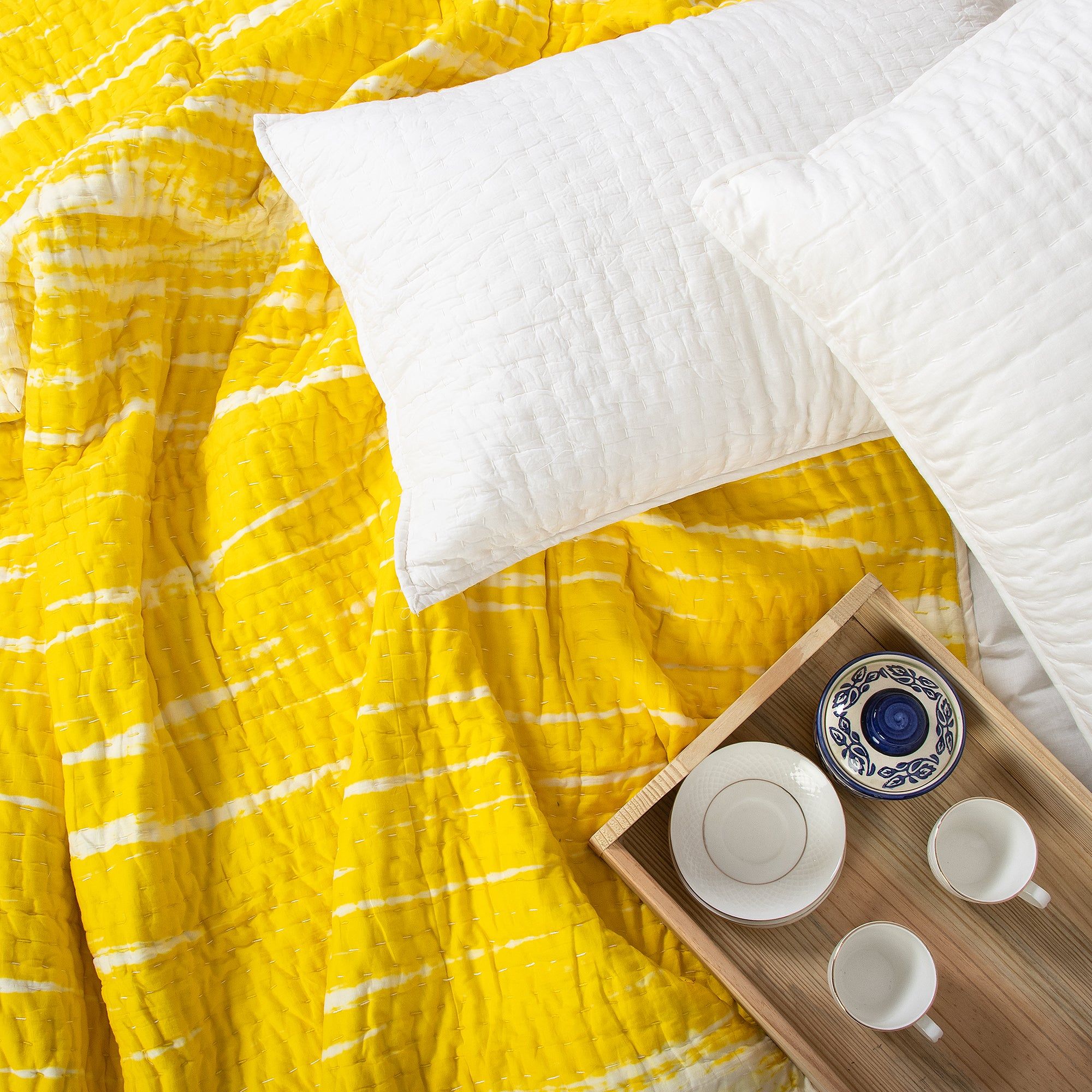 Best Winter Blanket Yellow Tie Dye Soft Cotton Kantha Quilt